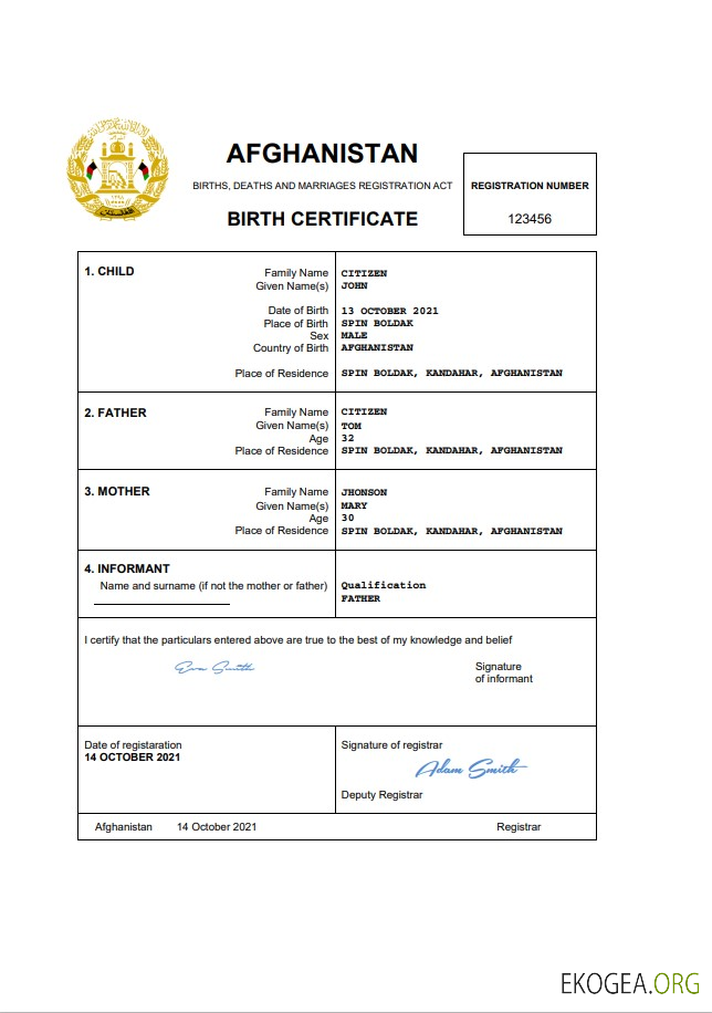 Afghanistan acte d'état civil acte de naissance Word